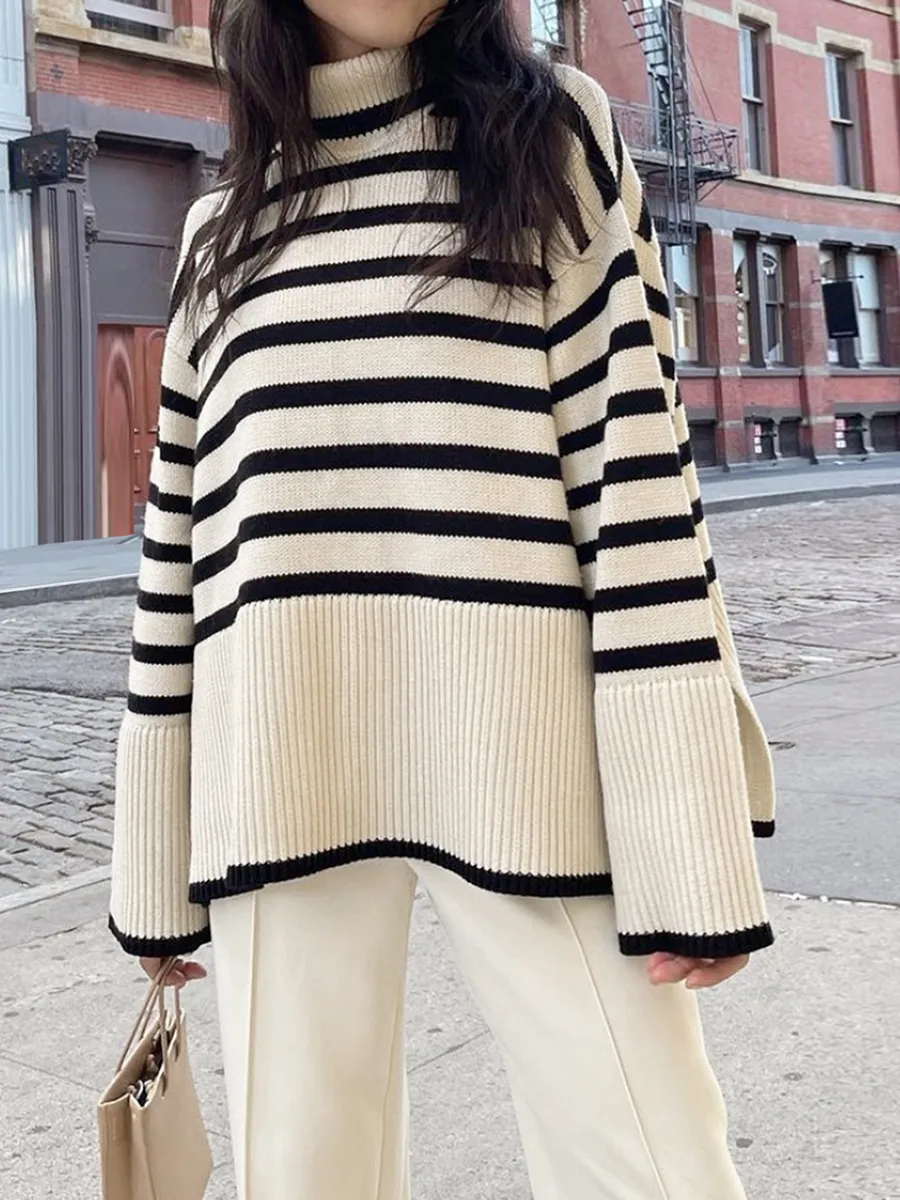 Gyrans 2024 Women's Long Sleeve Striped Sweater Turtleneck