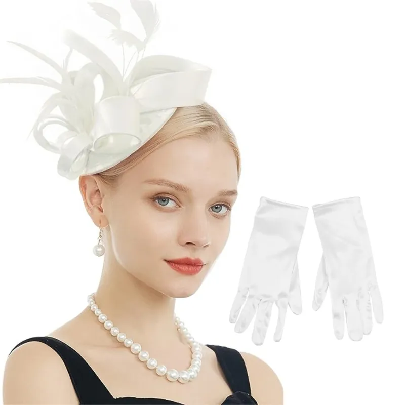 Set Completo Fascinator Floreale Per Donna: Cappello Grande Con Fiori, Collana Di Perle, Orecchini, Bracciale E Guanti. Ideale Per Tea Party, Matrimoni E Corse Di Cavalli.