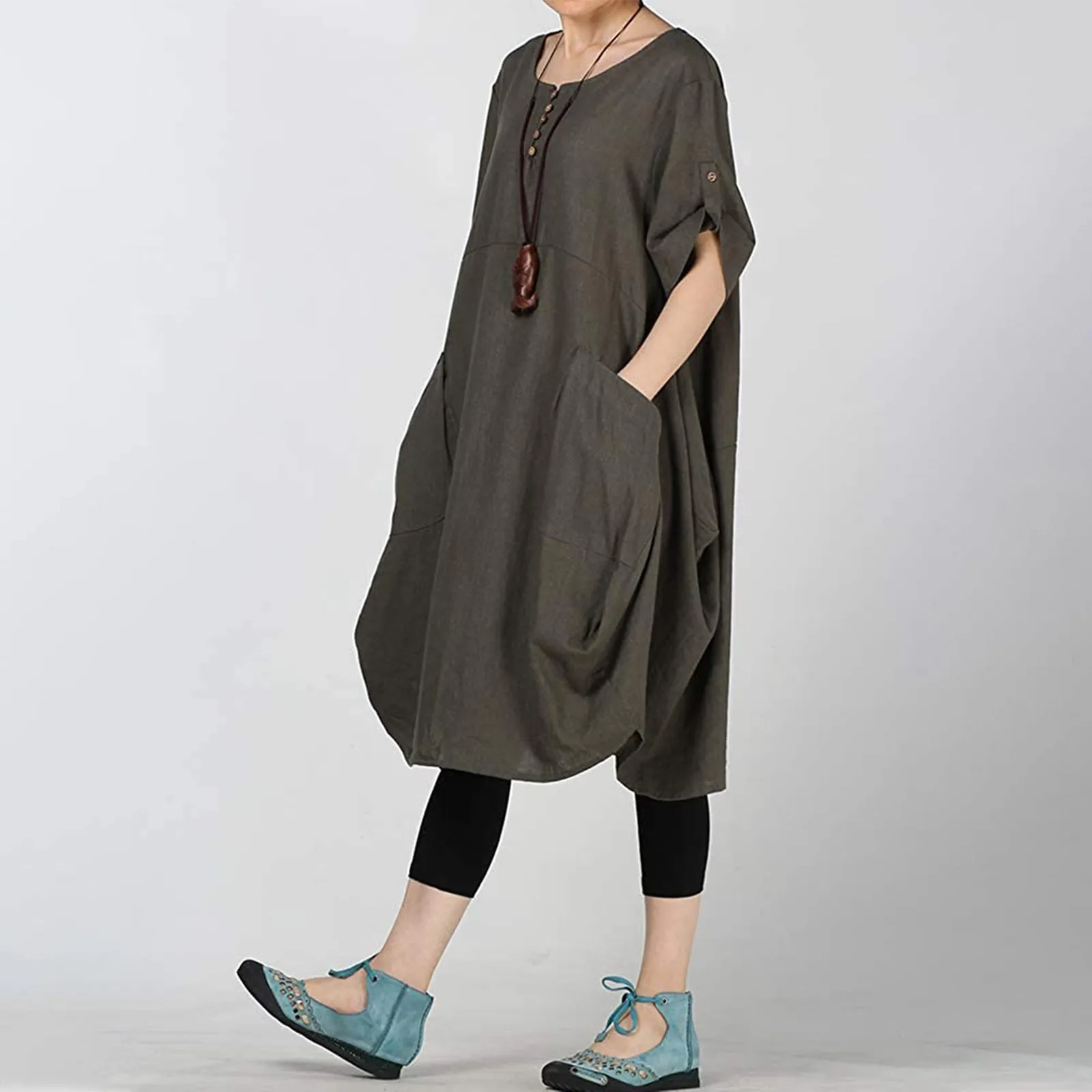 chinese dress ladies ZOCANIA Linen Dresses for Women 2024 Short Sleeve V-Neck Plus Size Cotton  Dress Slim Ladies Summer Solid Short Linen Dress Mid-Calf Linen Blend Dress,Black,S  at Amazon Women's Clothing store main image 1