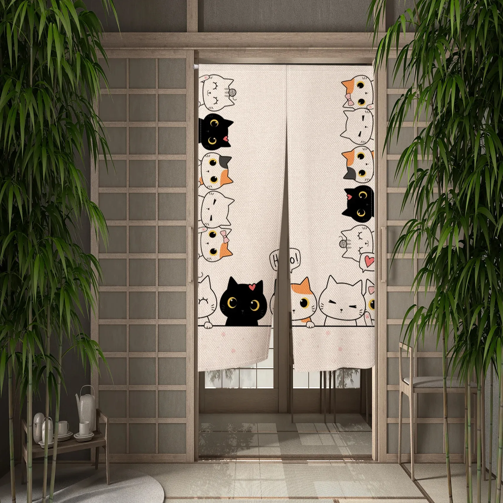 Colorful Lucky Cat Series Painted Linen Door Curtain Japanese