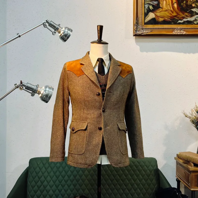 Vintage American Style Mens Herringbone Tweed Blazer Semi Formal 