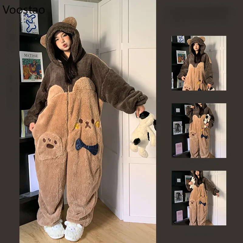 Kawaii Sweet Bear Hooded bear onesie pajamas for Women Fleece Winter Sleepwear Cute and Warm Lady Nightwear Jumpsuit Homewear