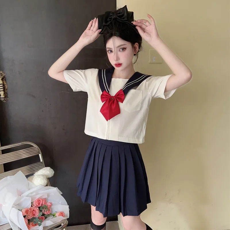 Japanese Style 2024 S 2XL Student Girls School Uniforms Navy Costume Women Sexy Navy Jk Suit Sailor Blouse Pleated Skirt