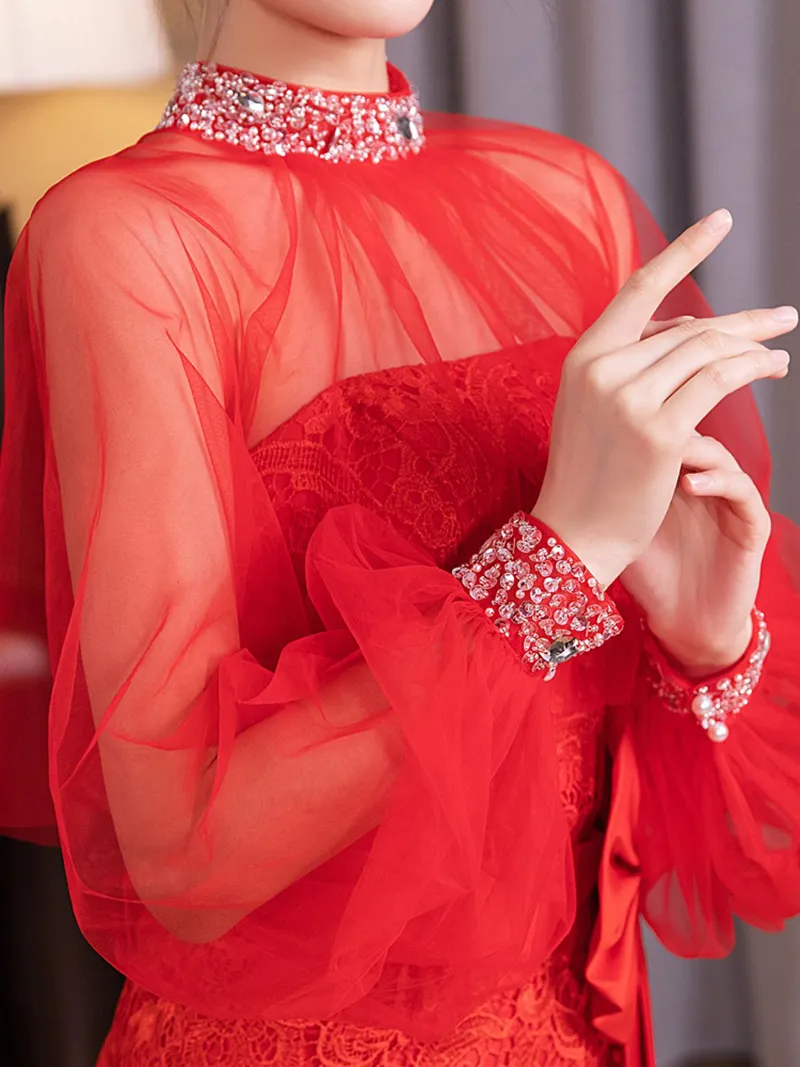 Tulle Bolero Jacket High Neck Sequin Beaded Long Sleeve Women s Wrap for Evening Events