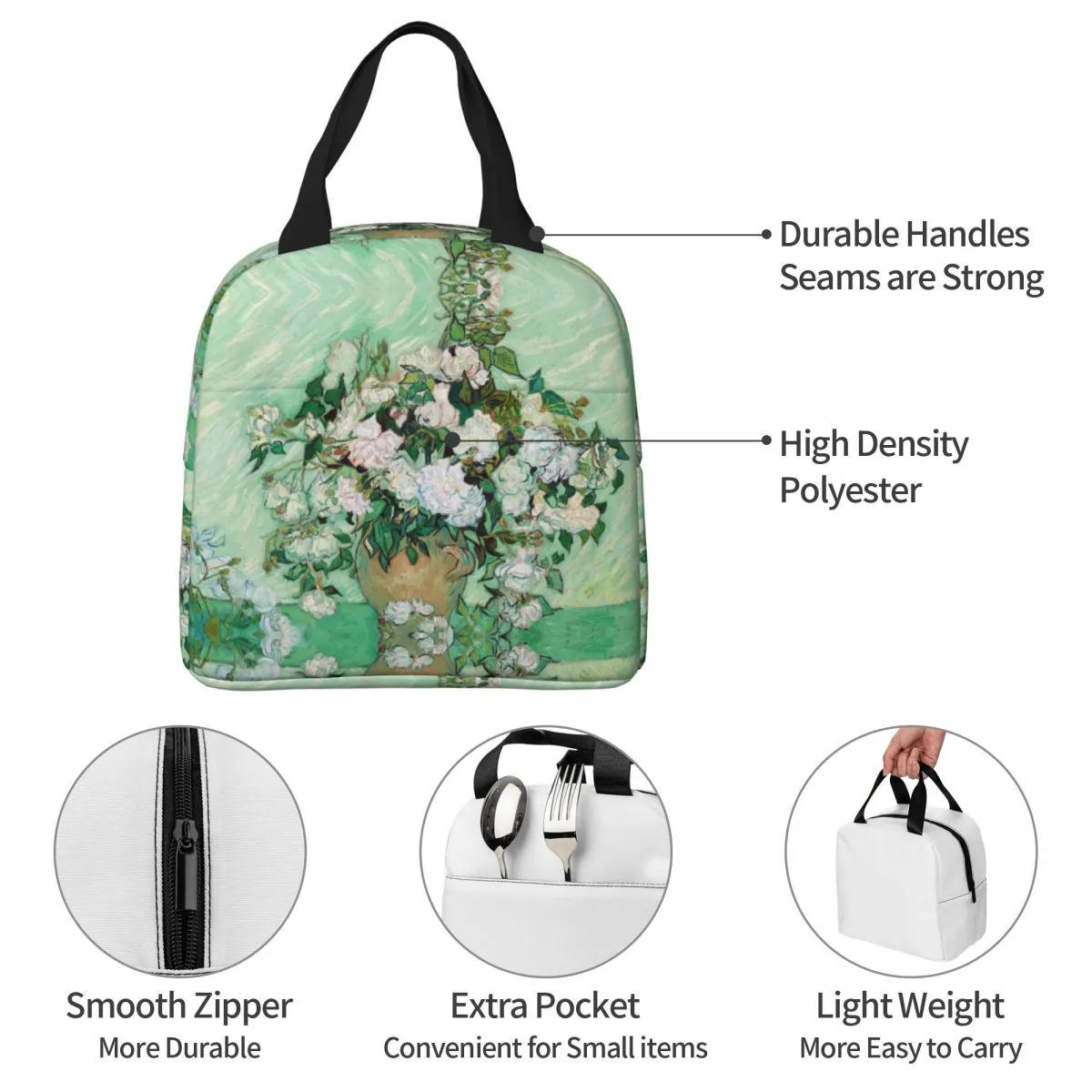 Pink Insulated Lunch Bag High Capacity Thermal Tote Artistic