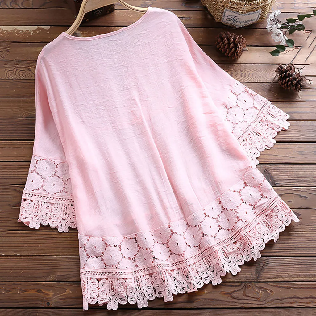 Lace Trim Floral Embroidery Blouse: Womens Casual V-Neck 3/4