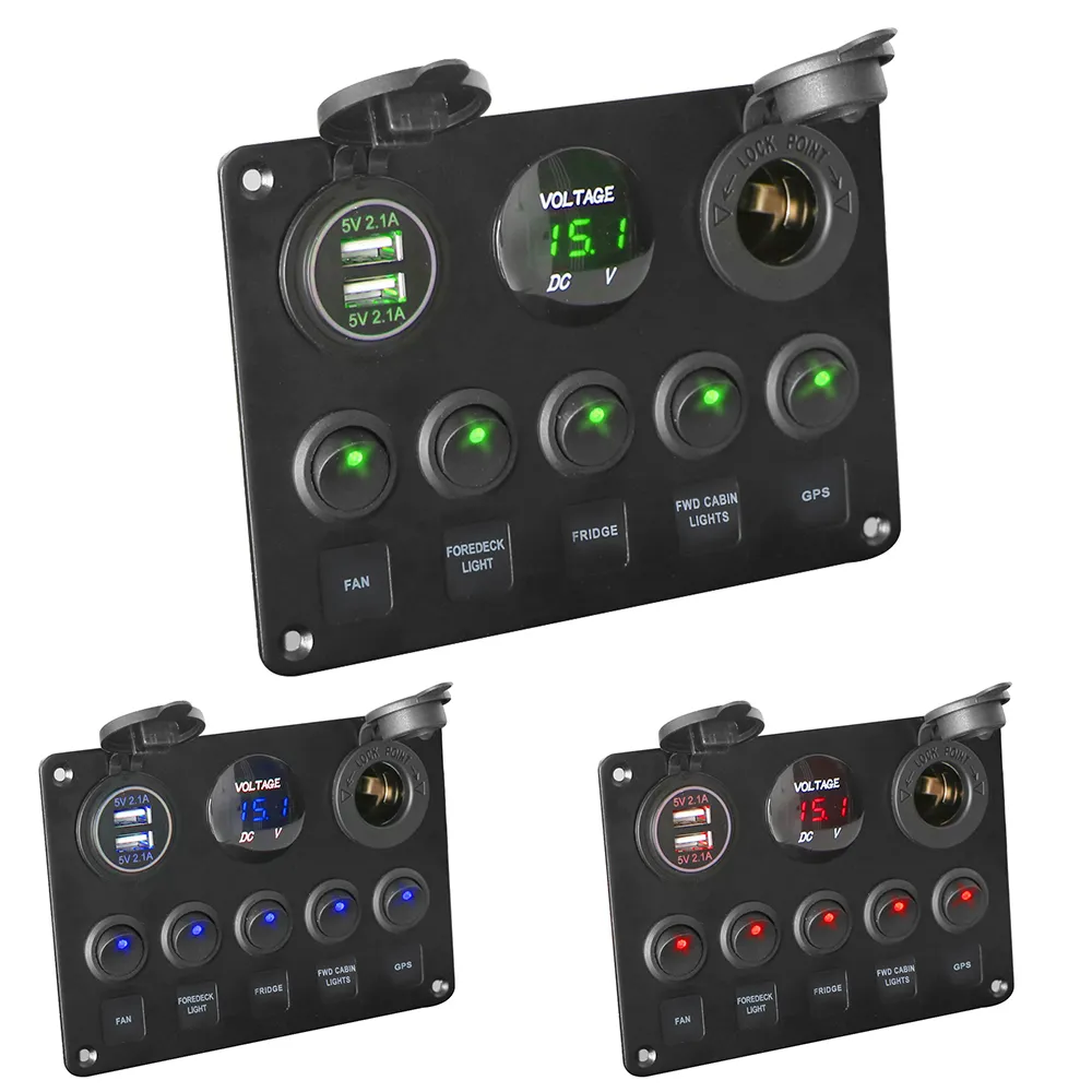 12V 24V LED Switch Panel 5 Button Toggle With USB 3.0 Chargers And Volt ...