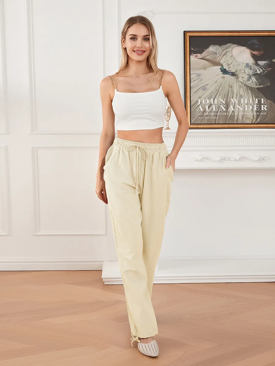 Linen Summer Trousers Womens Casual Loose Pants With Elastic Waist