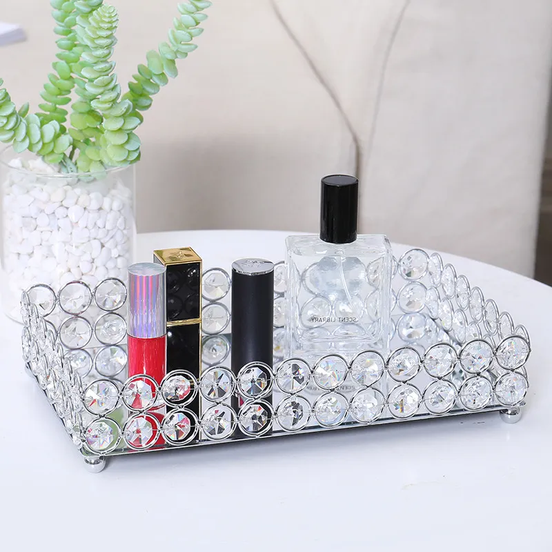 Golden Mirror Tray Organizer Crystal Glass Metal Jewelry