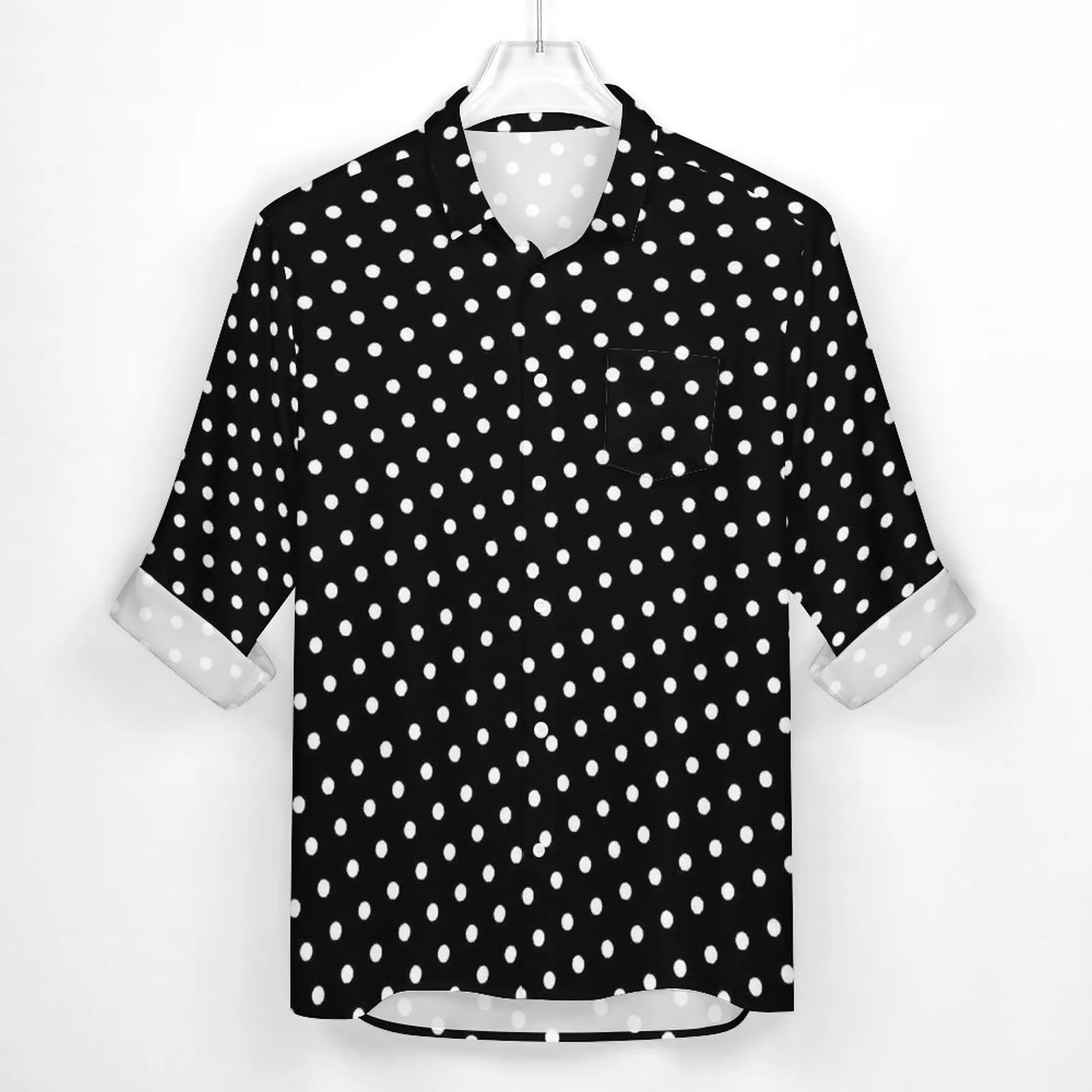 white shirt with small black polka dots