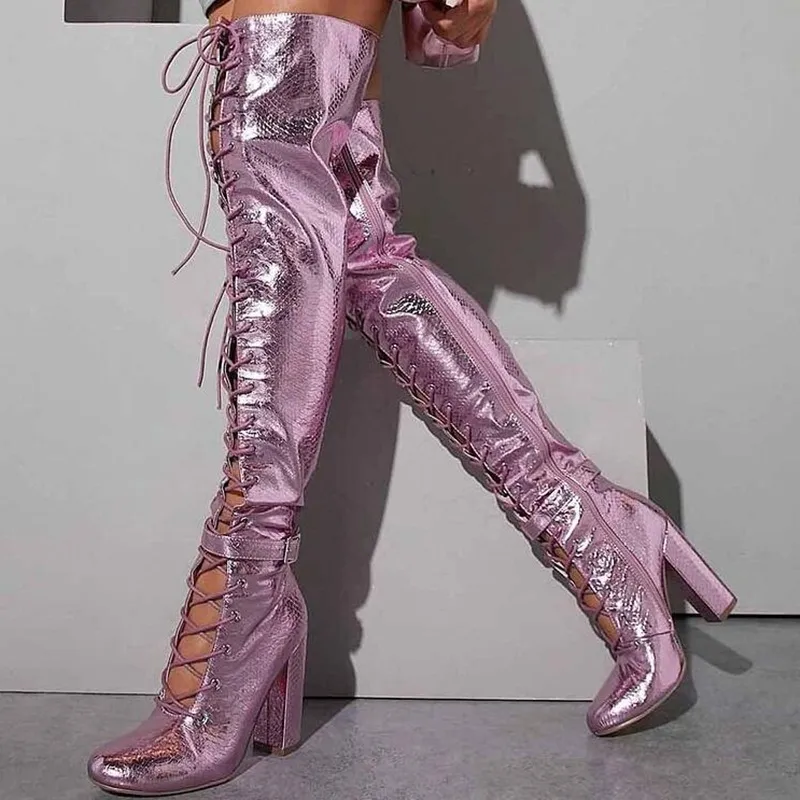 Pink Snakeskin Thigh High Boots Womens Over the Knee Lace Up