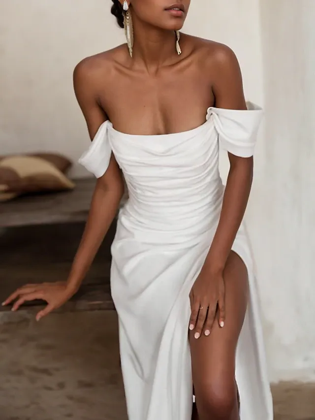 green emerald velvet dress Off-The-Shoulder Long White Prom Dress with Side Slit Off White / 10 main image 1