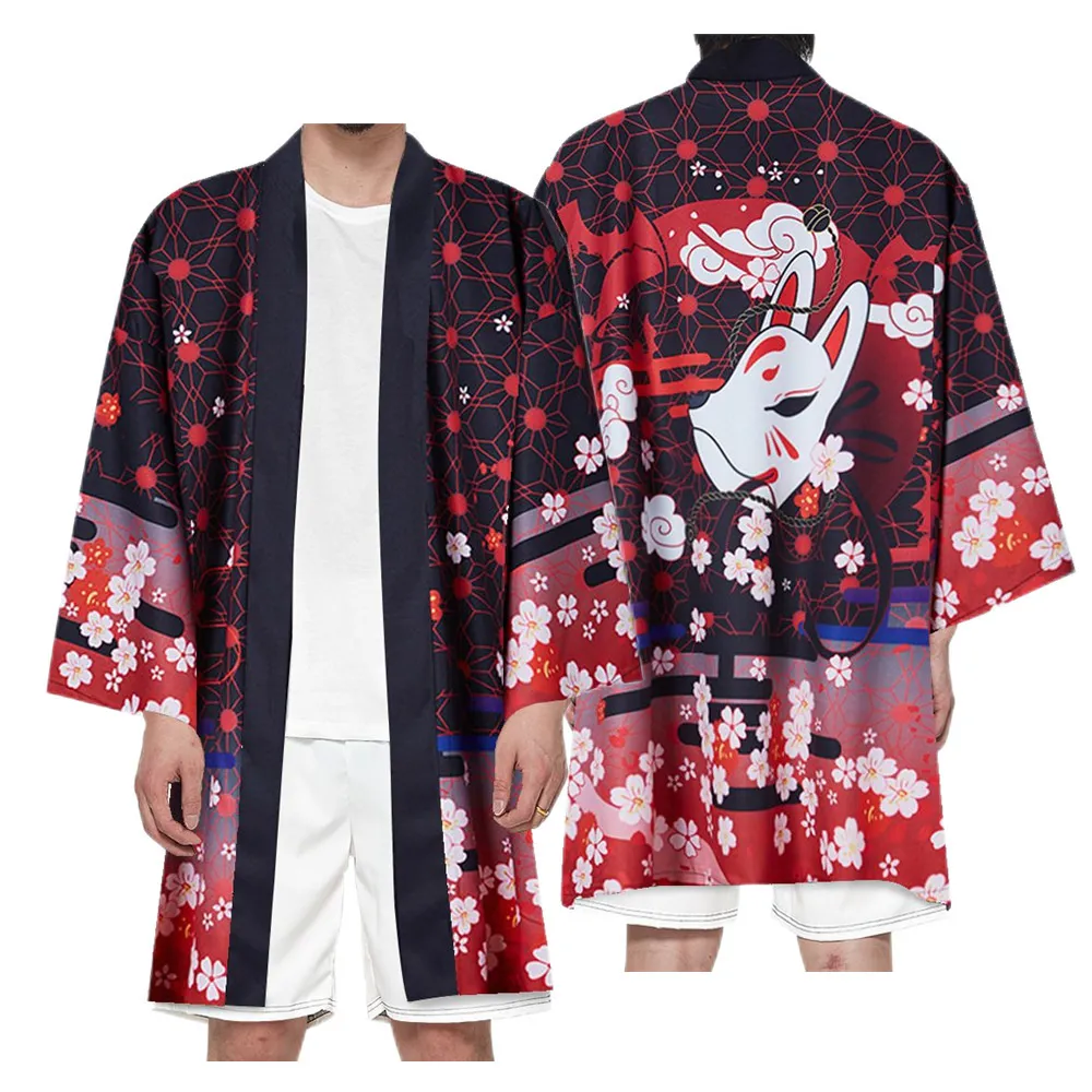 Japanese Fox Samurai Print cardigans and kimonos for Men and