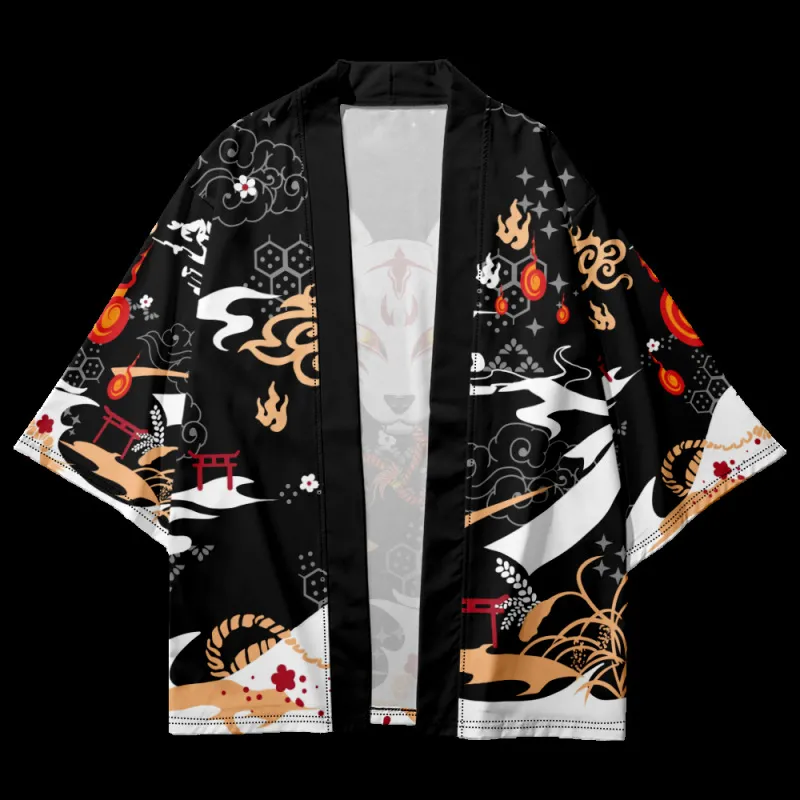 Mens Yukata: Black Fox Print Samurai Costume Kimono Cardigan