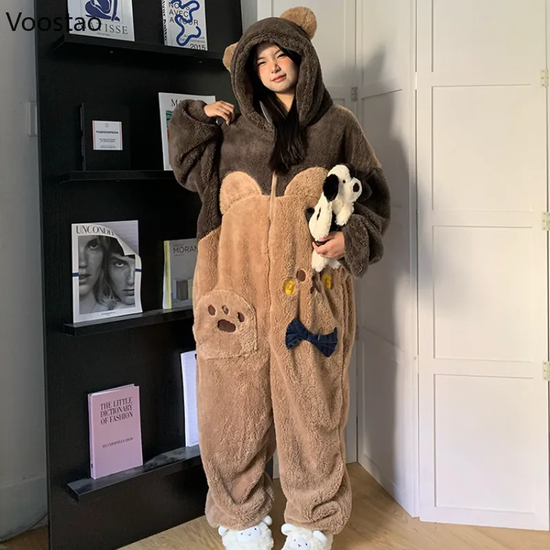 Women s Kawaii Sweet Bear Fleece Pajamas Jumpsuit Warm Hooded Onesie Pijama Sleepwear
