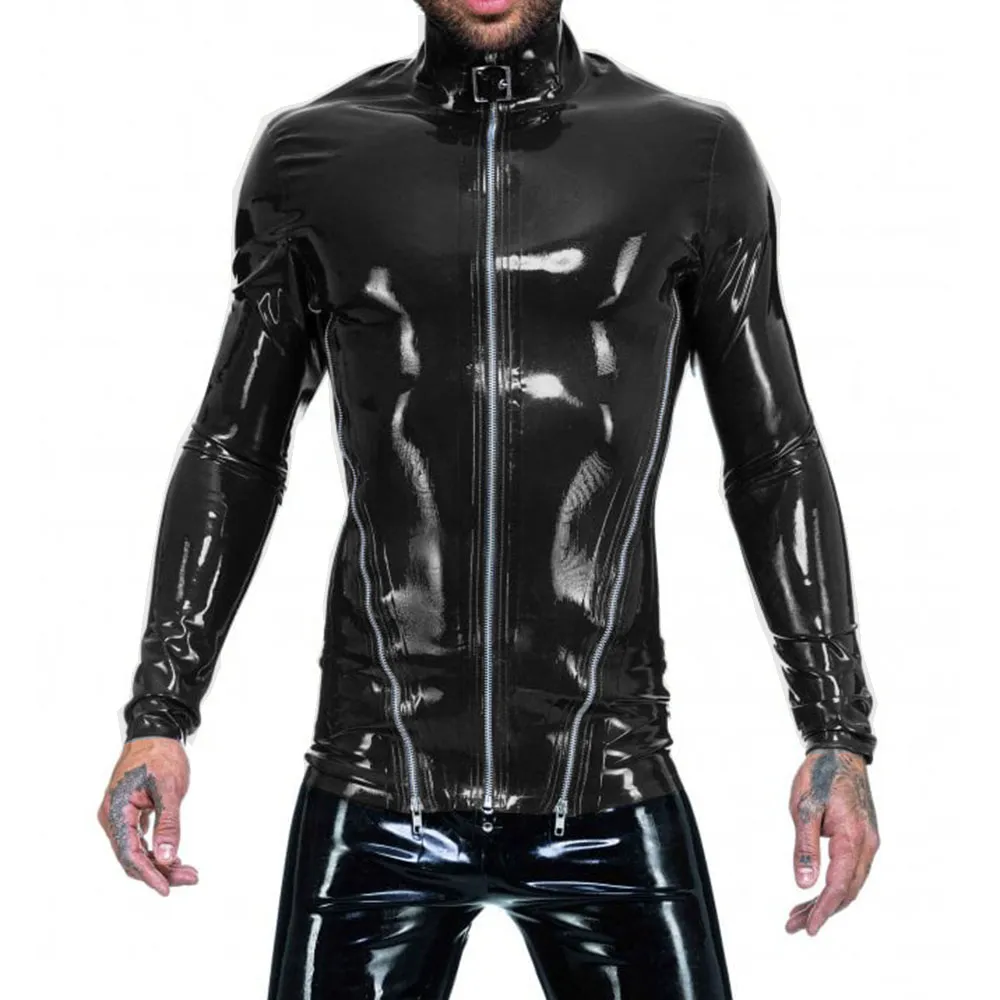 Wet Look Mens Gay PVC Front Zipper High Neck Long Sleeve Slim Fit