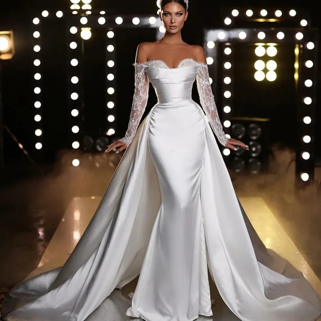 Off Shoulder Lace Mermaid Wedding Dress With Detachable Train Long
