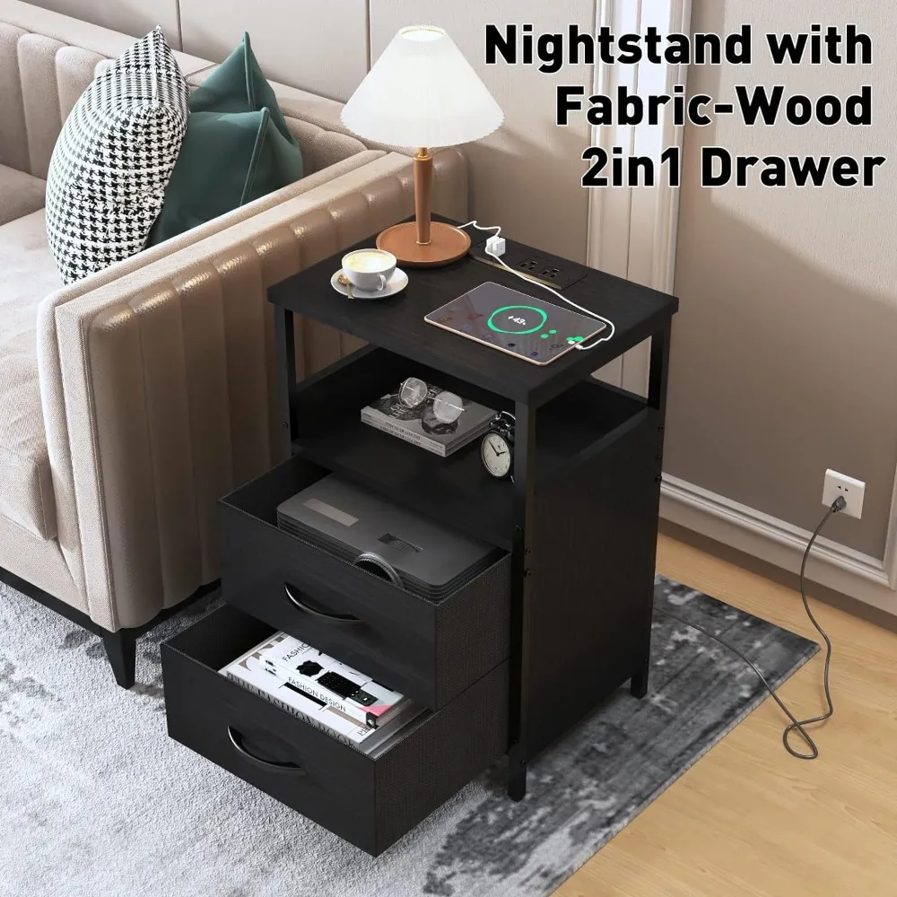 Nightstand with Wireless Charging Station Modern Wooden End Table with Drawer for Bedroom Living Room Black