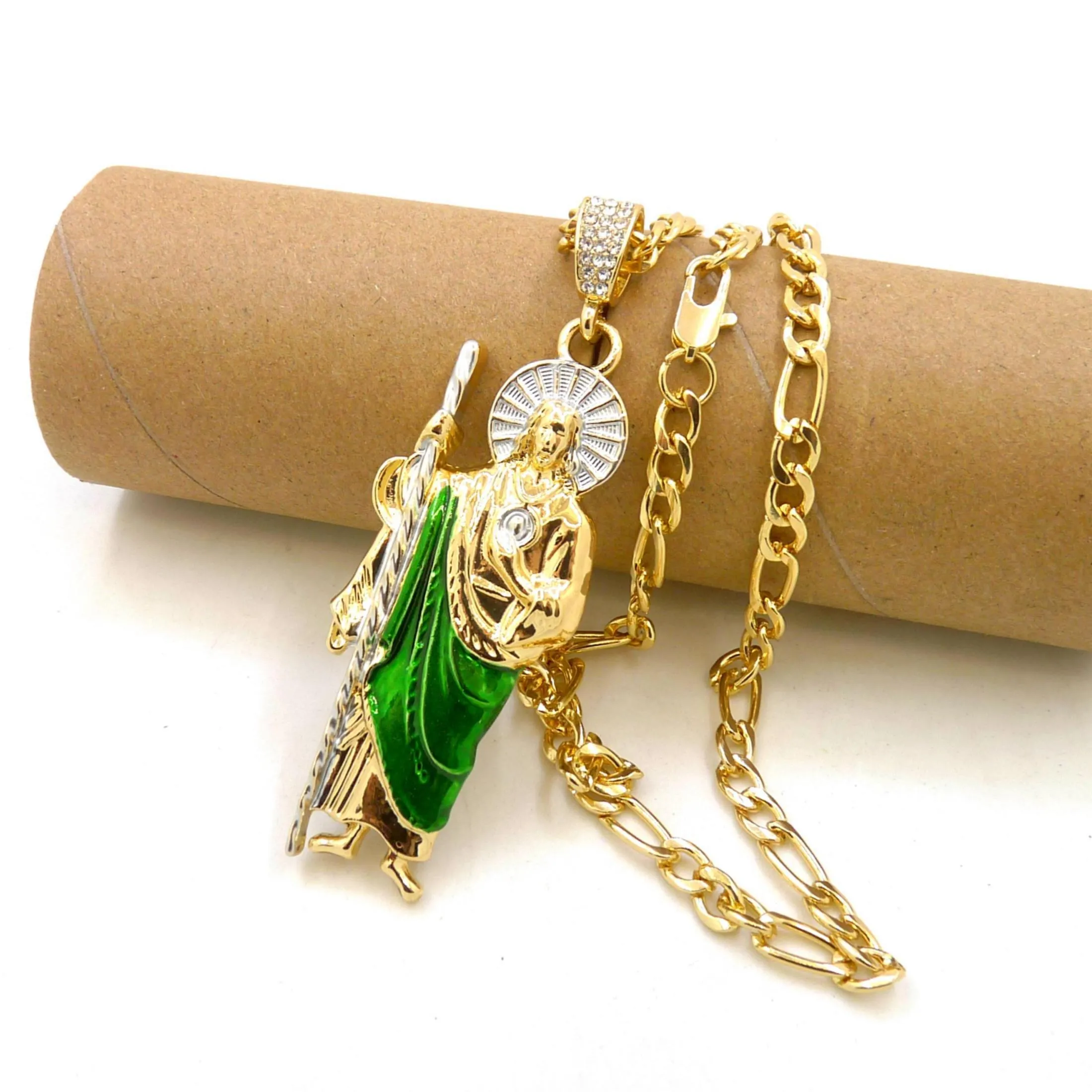 San Judas Necklace 14K Gold Plated Saint Jude Pendant Figaro Chain ...