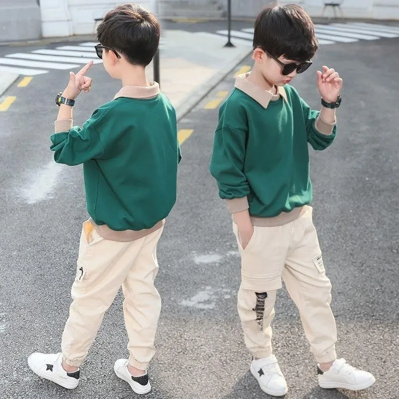 Teen Boys Outfits Long Sleeve Top & Cargo Pants, Turn Down