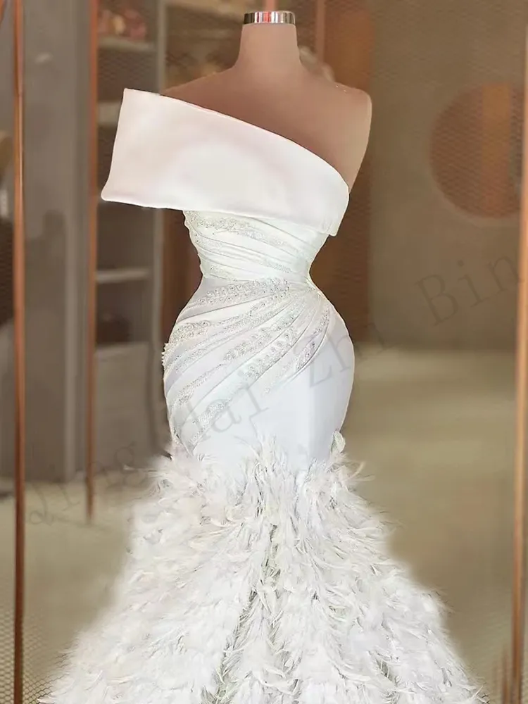 Trumpet Mermaid Puffy Sleeve Beading Satin Feather Wedding Dress Trumpet Mermaid Puffy Sleeve Beading Satin Feather Wedding Dress