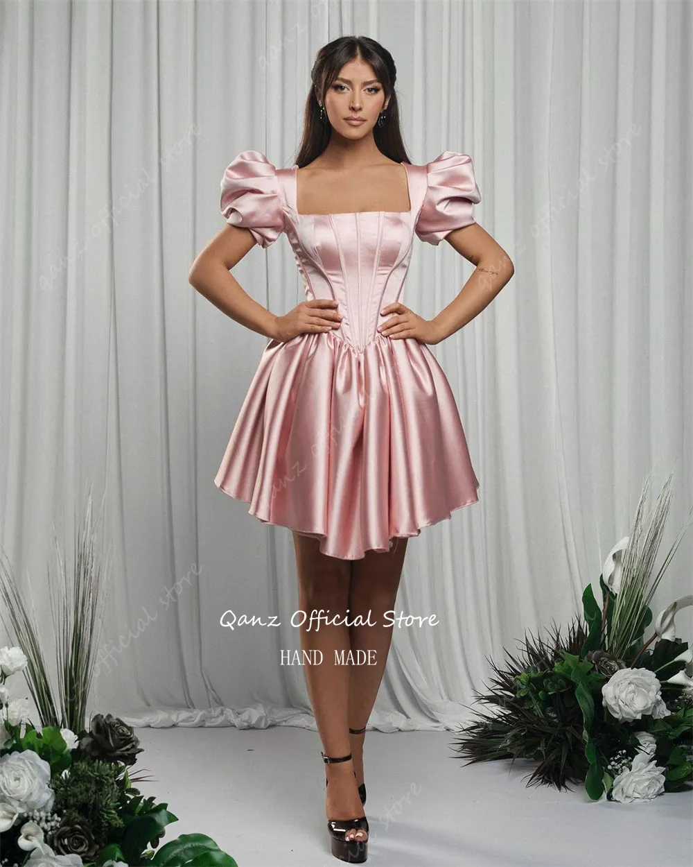 Pink Satin Homecoming Dress Strapless Above Knee Mini A-Line with Puff  Sleeves and Corset Back from Dhgate Homecoming Dresses - price 79.72