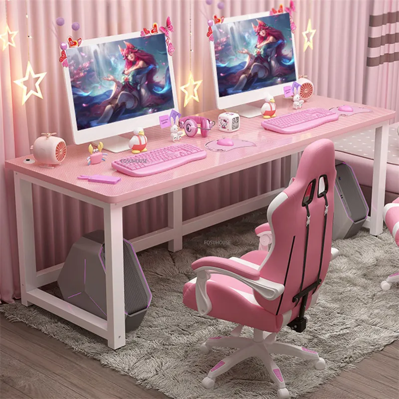Pink Gaming Desk fur Madchen 2024 Studientisch Laptop Computertisch Live Gamer Home Double Schreibtisch Schlafzimmer Desktop Gamer Desk
