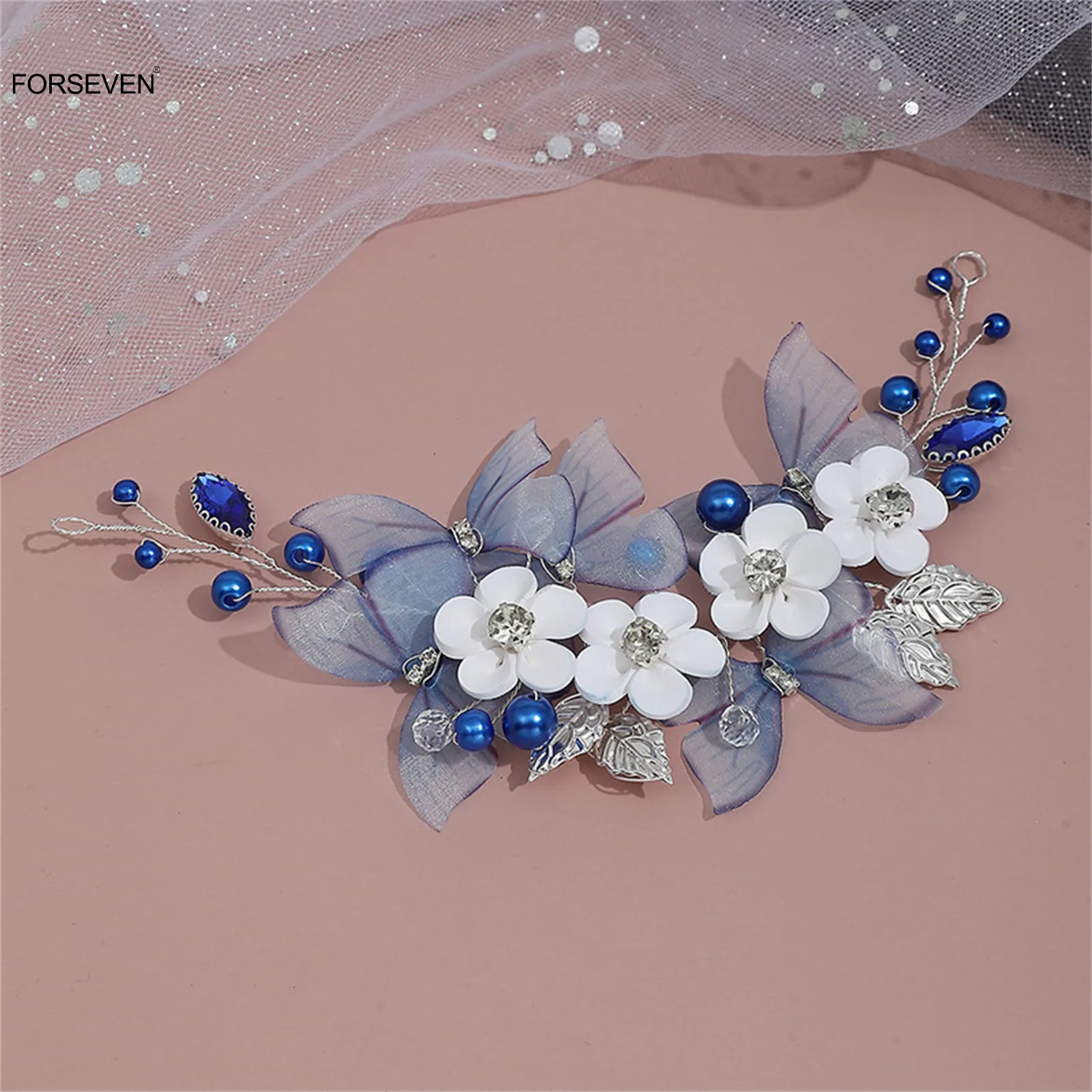 Blue Butterfly Bridal Headband White Flower Pearl... From  display picture 1