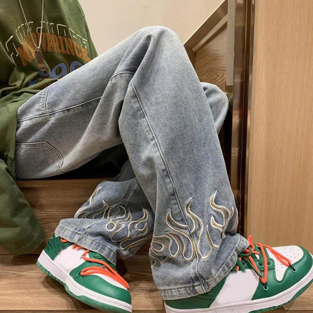 国内で当店のみ Supermade - CONTRAST FLAME EMBROIDERED BAGGY DHgate.com:Flame-Embroidered Straight Wide-Leg Denim Jeans