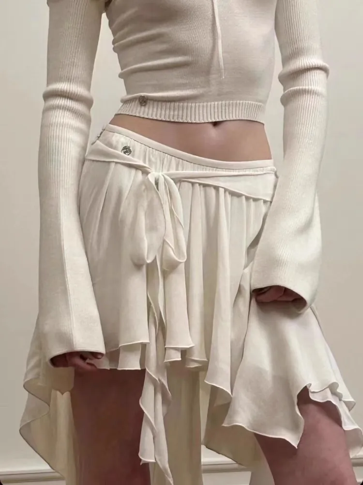 ★overdue flair★ GRUNGE YOKE GATHER LONG SKIRT_WHITE White Lace Up Y2k Grunge Skirt For Women High Waist, Ruffled