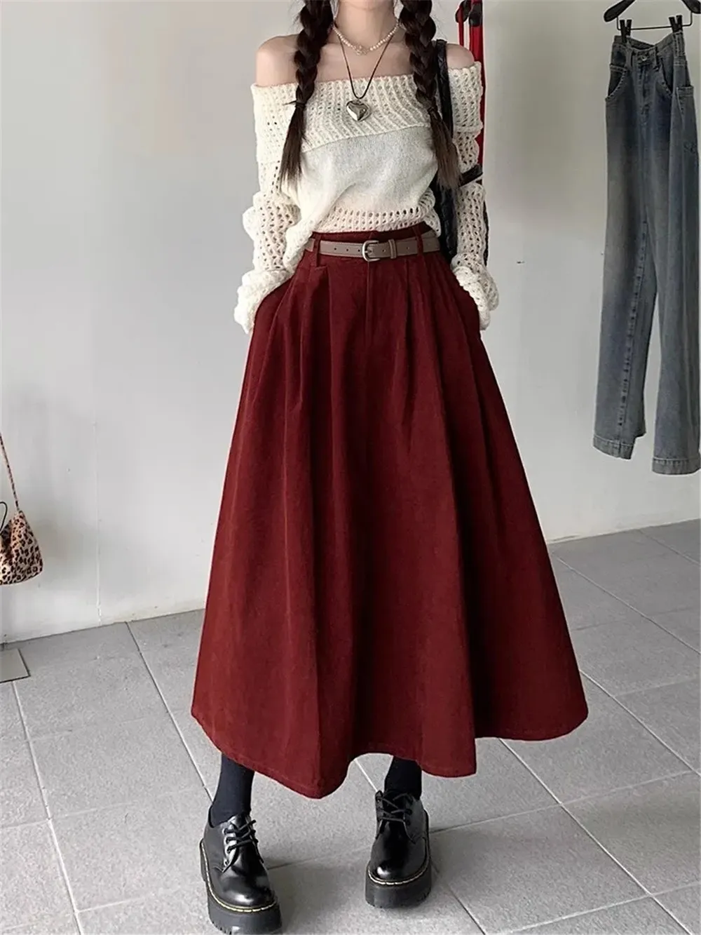 DHgate.com:Vintage Corduroy A-Line Skirt: Pleated High