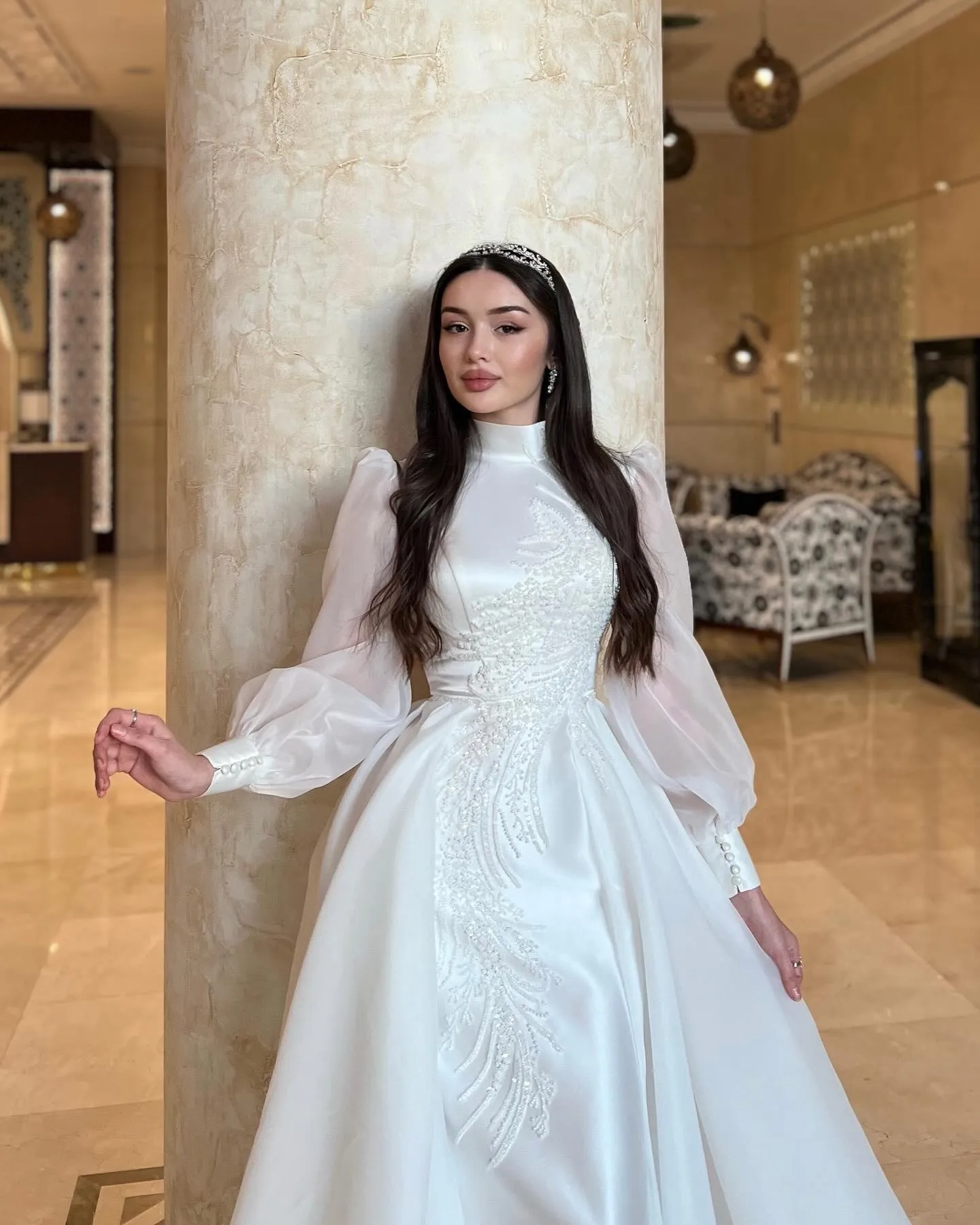 green emerald velvet dress Exquisite High Neck Long Sleeve Lace A-Line Vintage Wedding Dress Luxury Bridal Gown, White / 2