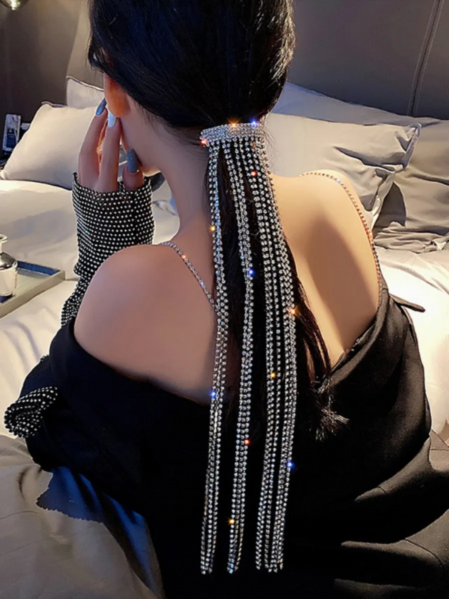 Silver Rhinestone Hair Clip with Long Tassel Chain Ponytail  display picture 3