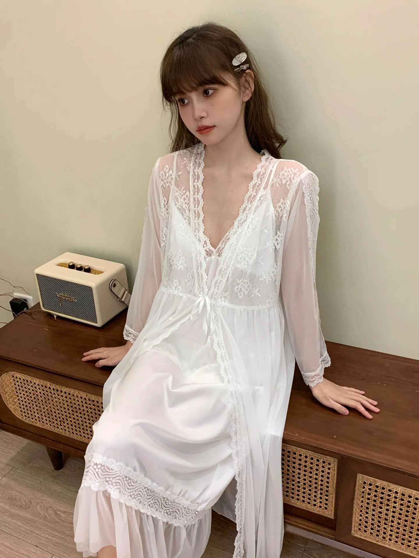 Long Floral Kimono Robe Satin Sleepwear Sliky Nightgown Soft, image size:1440x1919