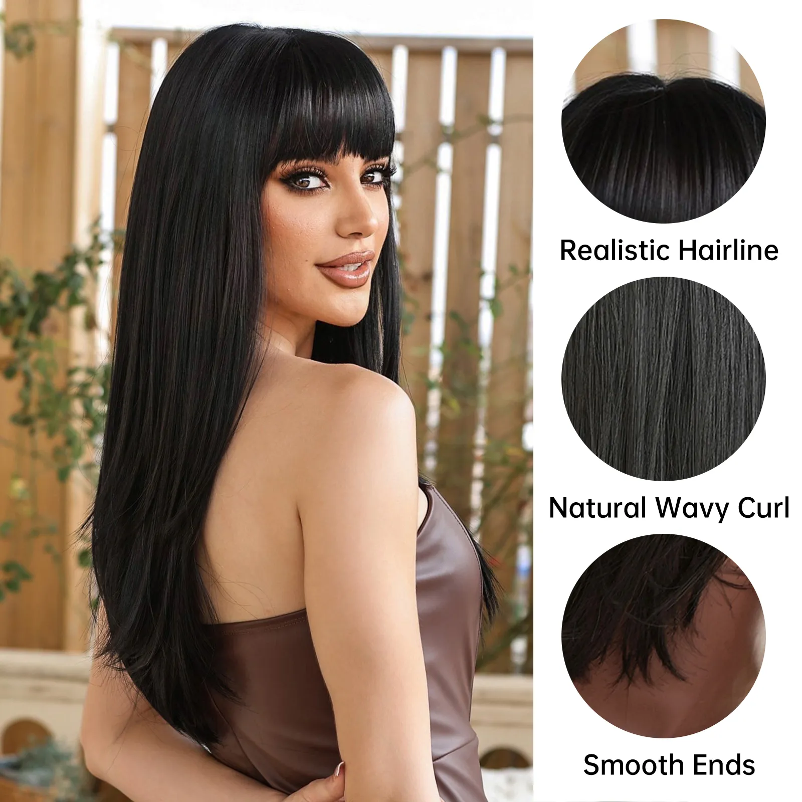 Layered Synthetic Wig with Bangs Straight Medium Length for Daily Party Use Kellynee Dark Brown Wig with Bangs - Medium Length Straight  main image 3