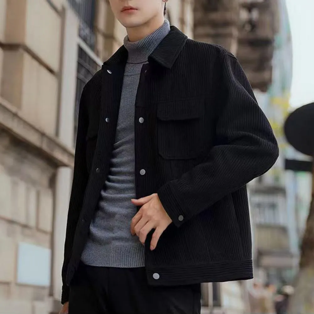 Mens corduroy vintage double pockets loose comfy solid color turn down collar coats sale