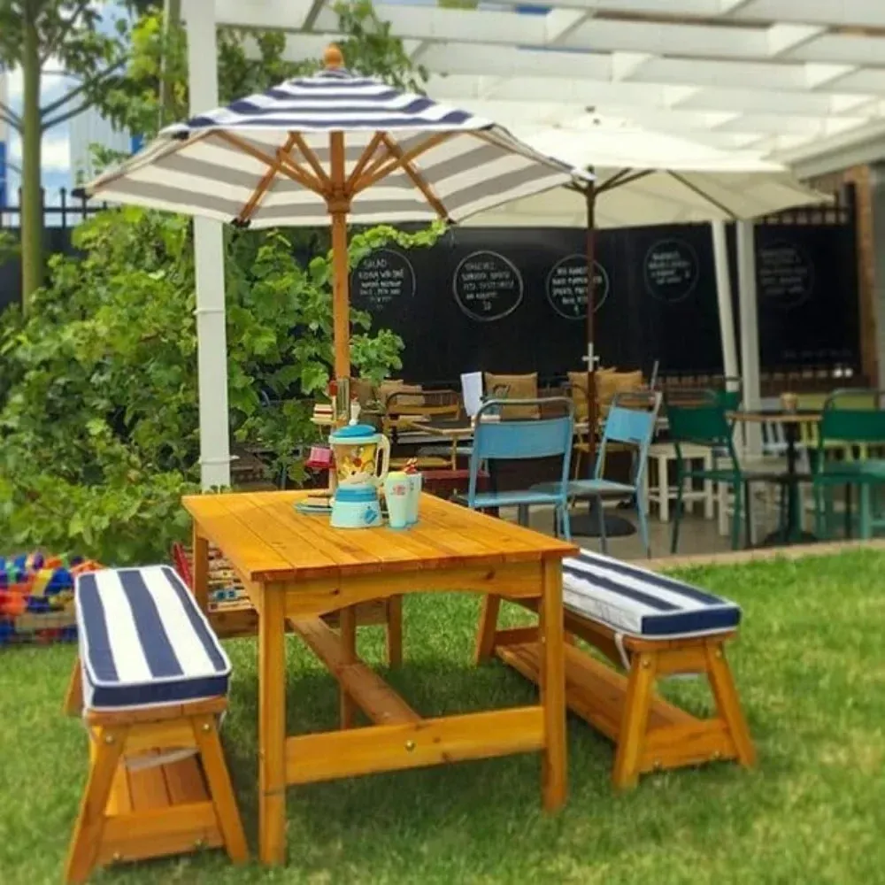 Navy And White Stripe Fabric Outdoor Wooden Table Bench Set With Garden Bench Cushion Umbrella And Kids Backyard Furniture From Homepro14 183.76 DHgate.Com