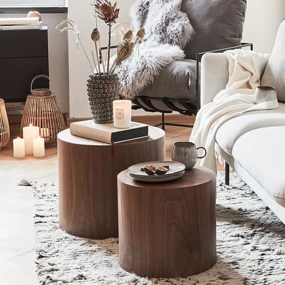 Round Wood Nesting Coffee Table Set Of 2, Modern Circle Drum Coffee Tables End Side Table Sets For Living Room, Modern Wooden Accent End Tables For Apartment,White Large
