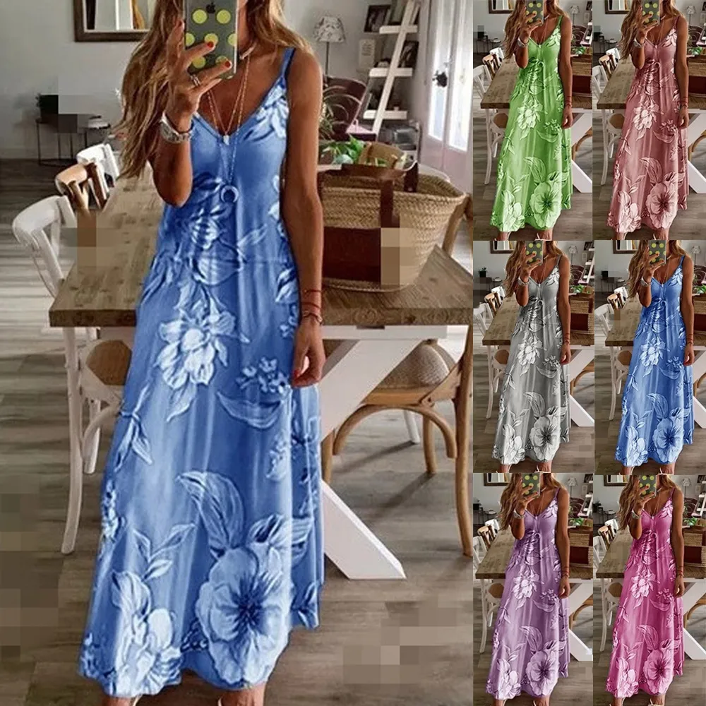 Bohemian Green Floral Print V-Neck Long maxi dress for Women