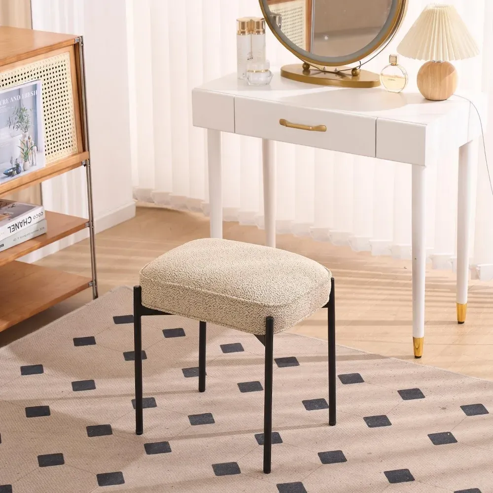 Saddle Seat Vanity Stool, Makeup Stool Chair With Metal Leg, U-Shaped PU Ottoman Foot Rest Stool, Small Square Chairs Under Desk For Vanity, Living Room, Bedroom, Modern Makeup Bench White&Gold