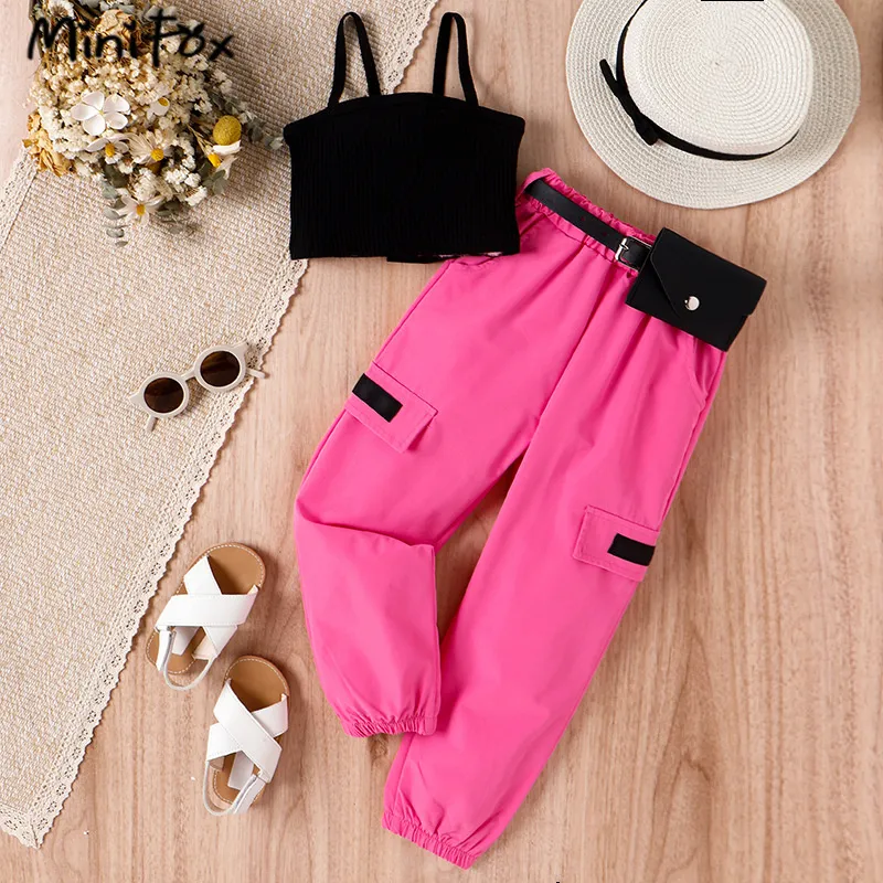 Save Big on Bulk Children's Fashion Wear MiniFox Kids Clothes Girls Outfit  Sets Black Vest Top And Hot Red Cargo Pants With Waistpack 3pcs Children's 
