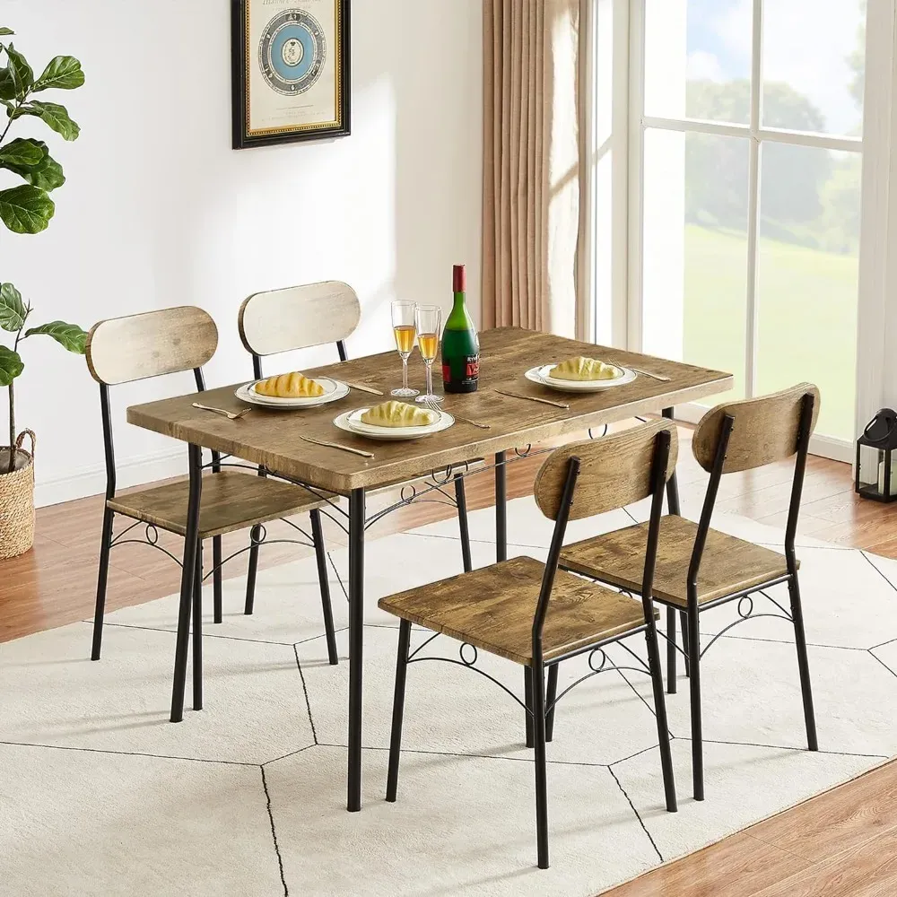 5-Piece Brown Wood Dining Set with Space-Saving Design for Small