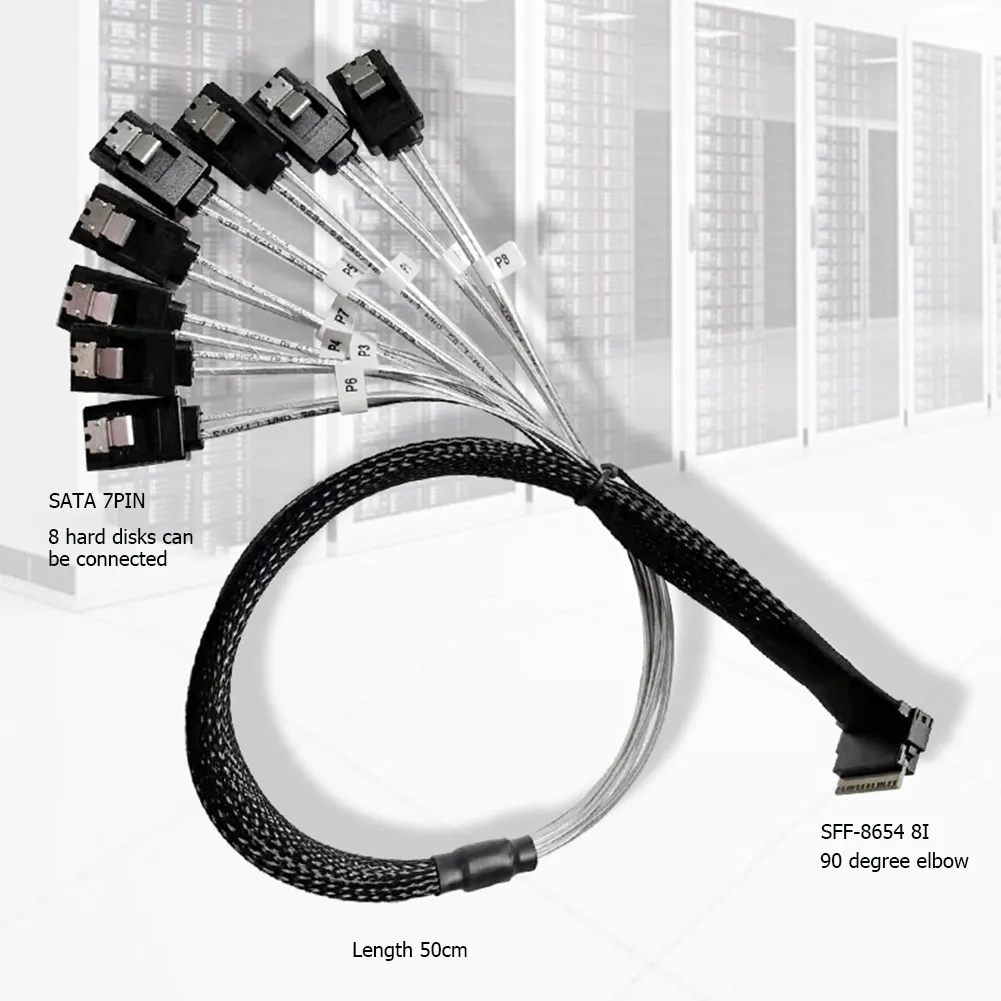 50cm Slim Line Replacement SAS4.0 SFF-8654 8i to SATA 8 Ports Adapter Target Hard Disk Cable Computer Peripherals