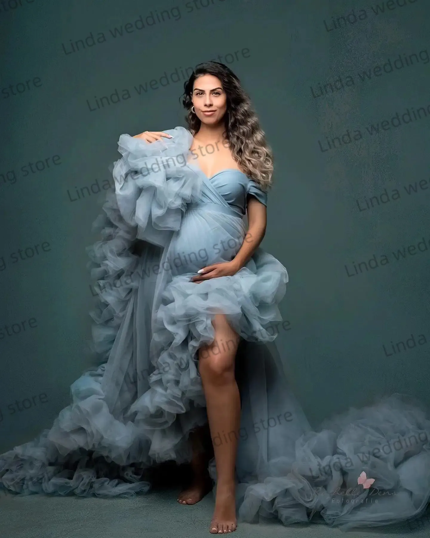 Dusty Blue One Shoulder maternity sundress for Baby Shower Photo Shoots -  High and Low Cut Pregnancy Gowns for Fotos, Lingerie, and Bathrobe