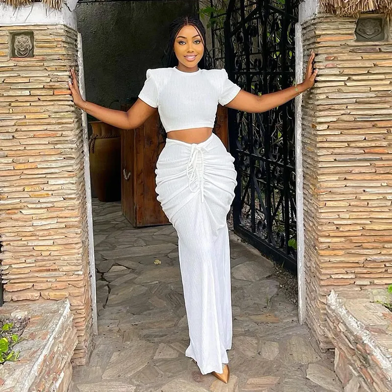 Stripe Crop Top and Maxi Skirt Two-Piece Set: Drawstring Lace-Up