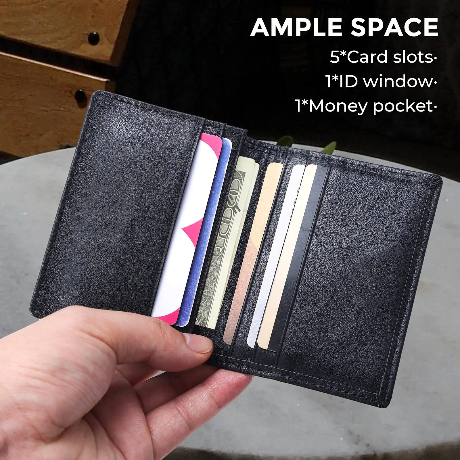 Cartera Plegable De Cuero Real Para Hombre, Con Bloqueo RFID, Bolsillo Frontal Minimalista, Delgada Y Elegante Con Ventana De Identificación En Caja De Regalo, Napa De Chocolate Negro, Minimalista