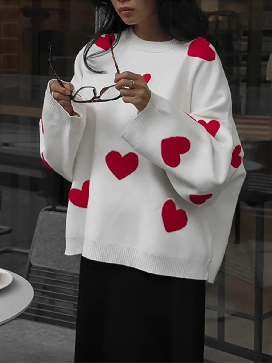 Women's Embroidered Sweaters, Heart Pattern Crewneck Knit Top, Long Sleeve  Pullover for Autumn/Winter, Oversized Knit Sweaters Women, Lightweight