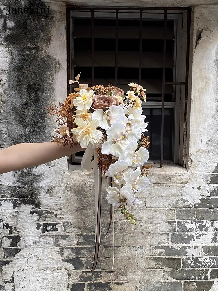 JaneVini Champagne Brown Cascading Flowers Waterfall Bridal Bouquet  Artificial Silk Roses for Western Wedding