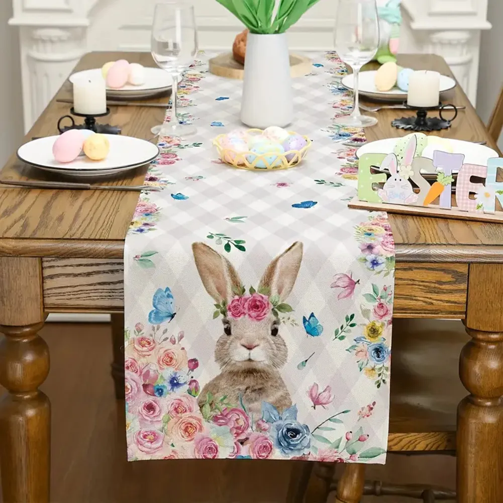 Easter Tablecloth 60x84 Inch – Spring Flower Bunny Buffalo Plaid Rectangle Dining Table Cover - View #10