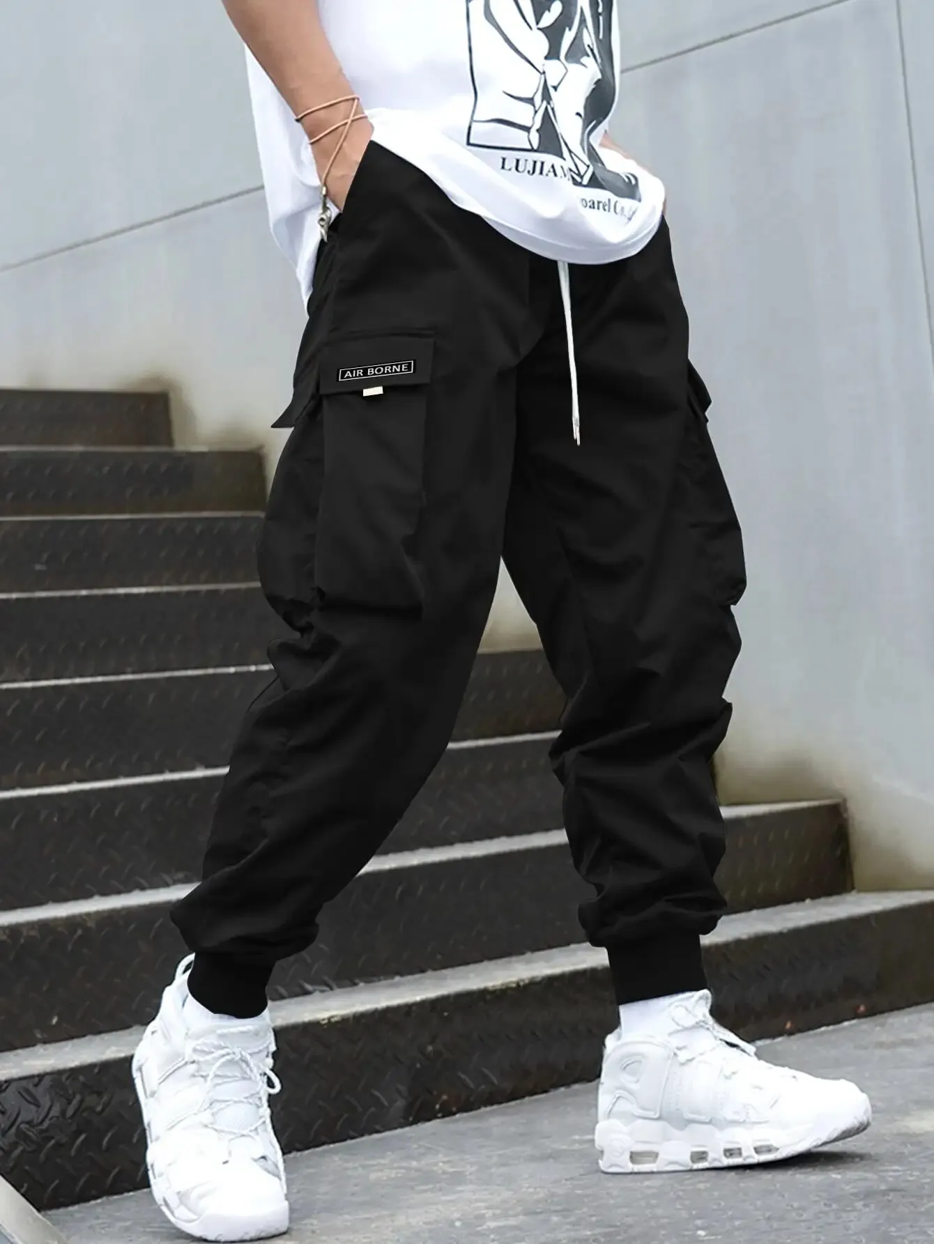 DHgate.com:Urban Menswear: Letter Print Drawstring Cargo